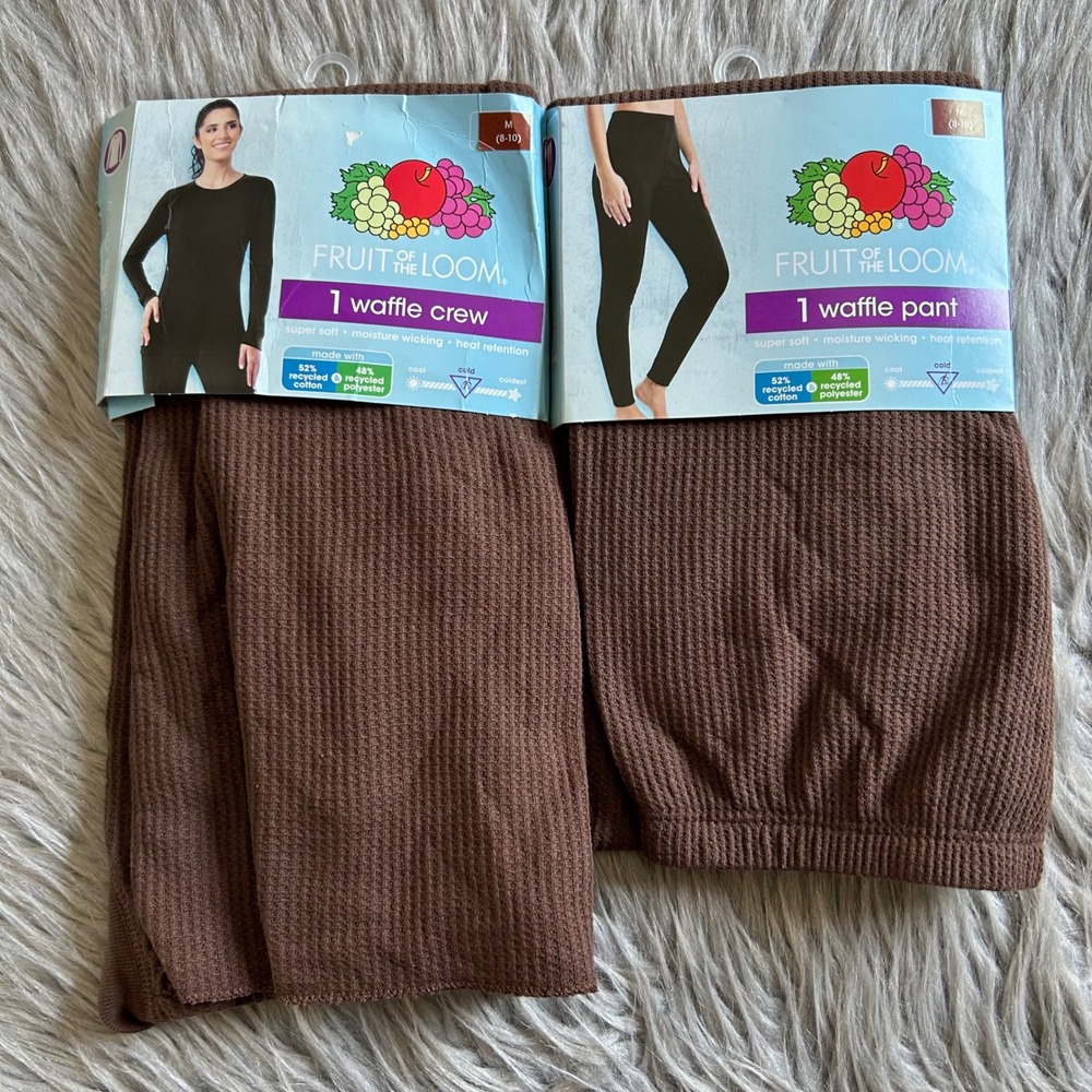 Fruit Of The Loom Thermal Set Women Size Medium Brown Waffle Crew Shirt Pant
